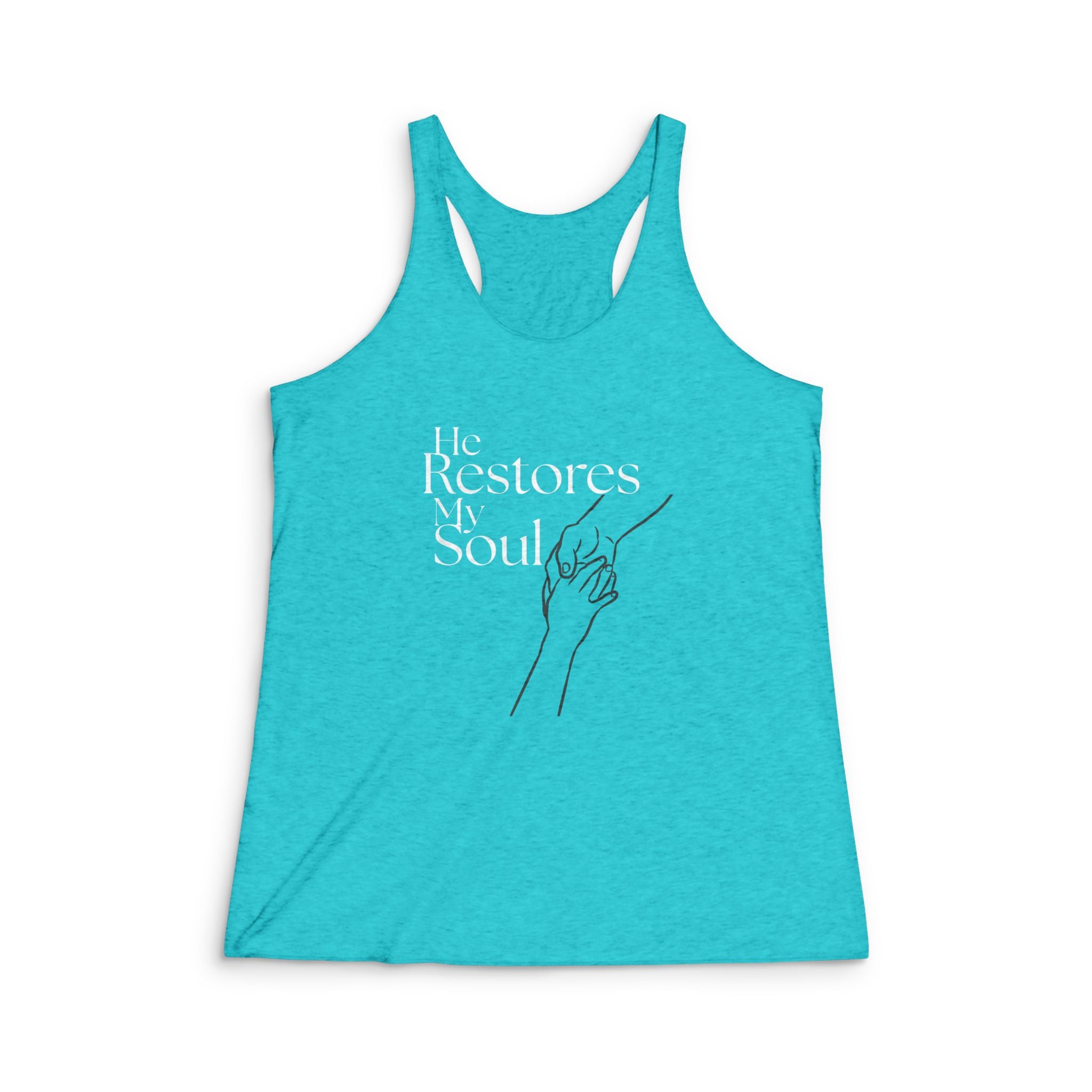 Racerback Tank — "He Restores My Soul" Minimal Faith Graphic